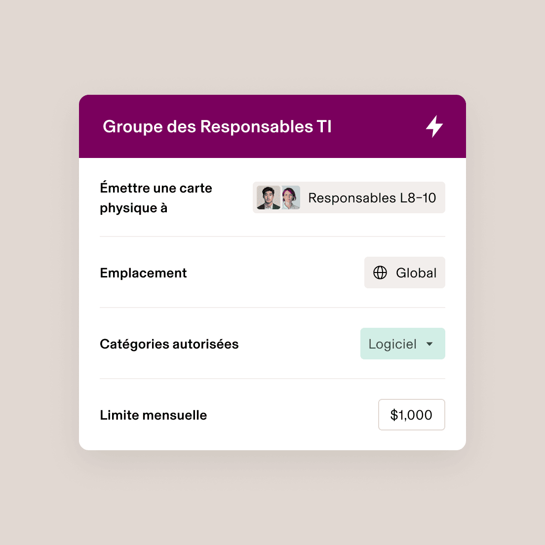 Interface du groupe de directeurs des TI affichant les paramètres d’émission de cartes pour les directeurs L8-10 avec accès global, catégorie logiciel et limite mensuelle de 1 000 $.