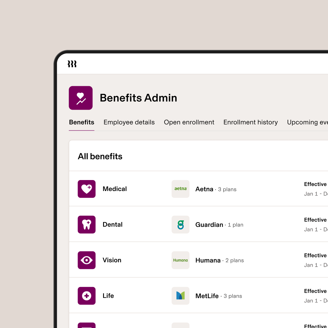 Benefits Admin dashboard showing medical, dental, vision, life and HSA options with their corresponding providers and plan counts.