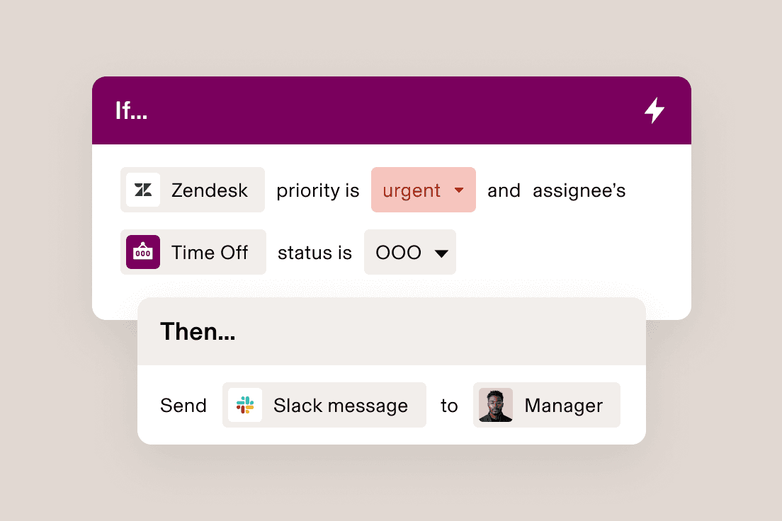 Automation workflow interface showing when Zendesk ticket priority equals urgent, send Slack message to manager.