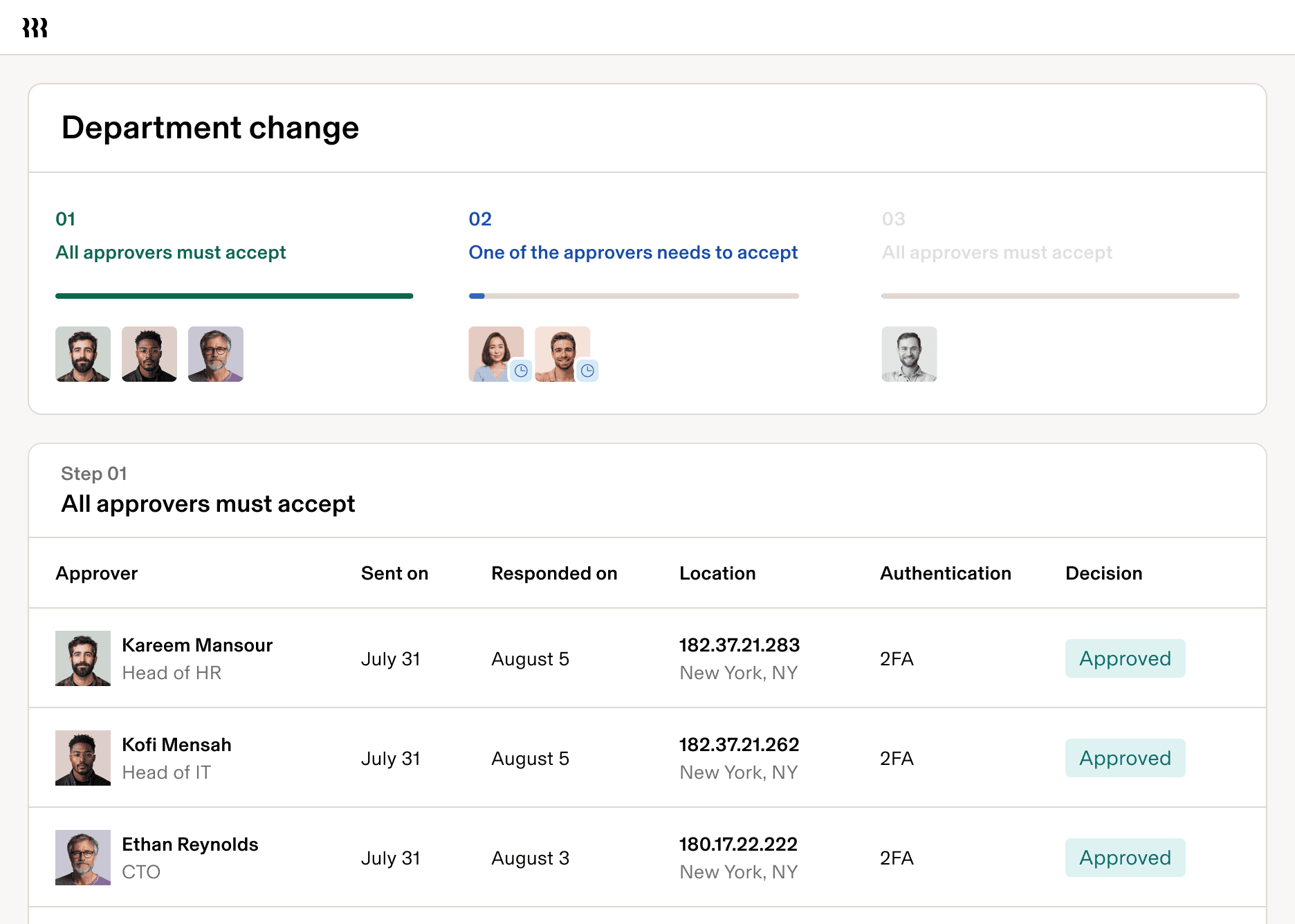 Department change approval interface showing three approvers with completed approvals in step 1 of the workflow process.
