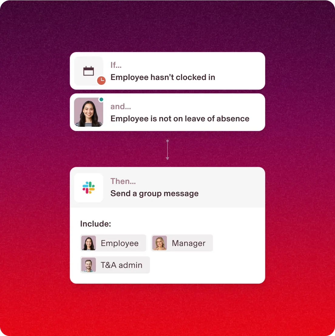 Example of an automation rule in Rippling with steps that say "If ... Employee hasn't clocked in" and "Employee is not on leave of absence," then "Send a group message"