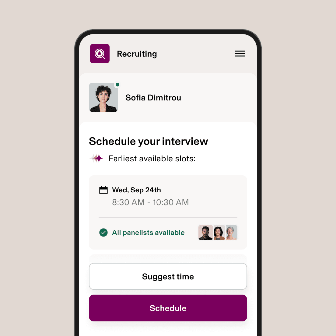 Mobile recruiting app showing interview scheduling screen with available slot on 24th September and panel availability status.