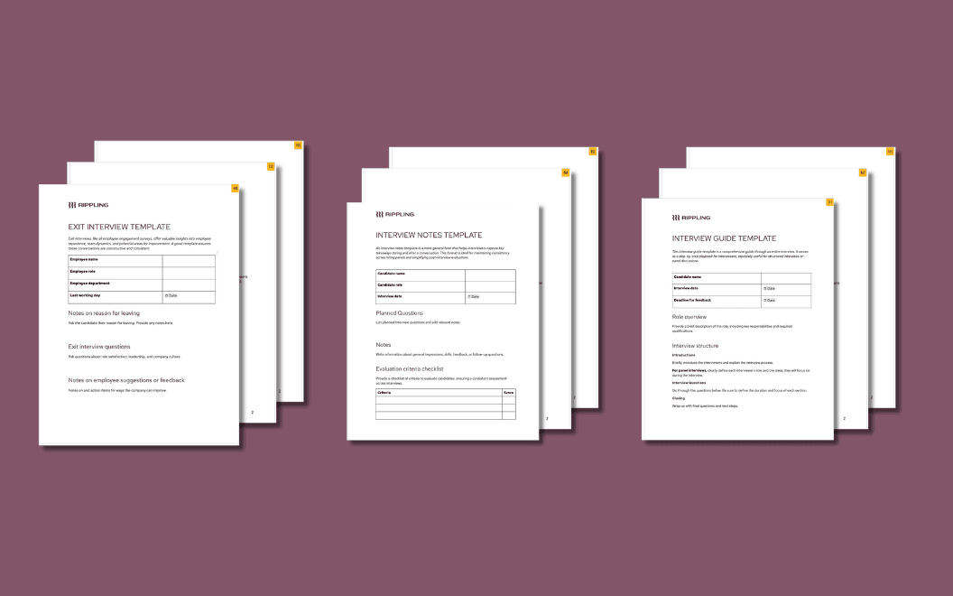 A graphic illustration of three sets of interview templates, including an exit interview template, interview notes template and interview guide template