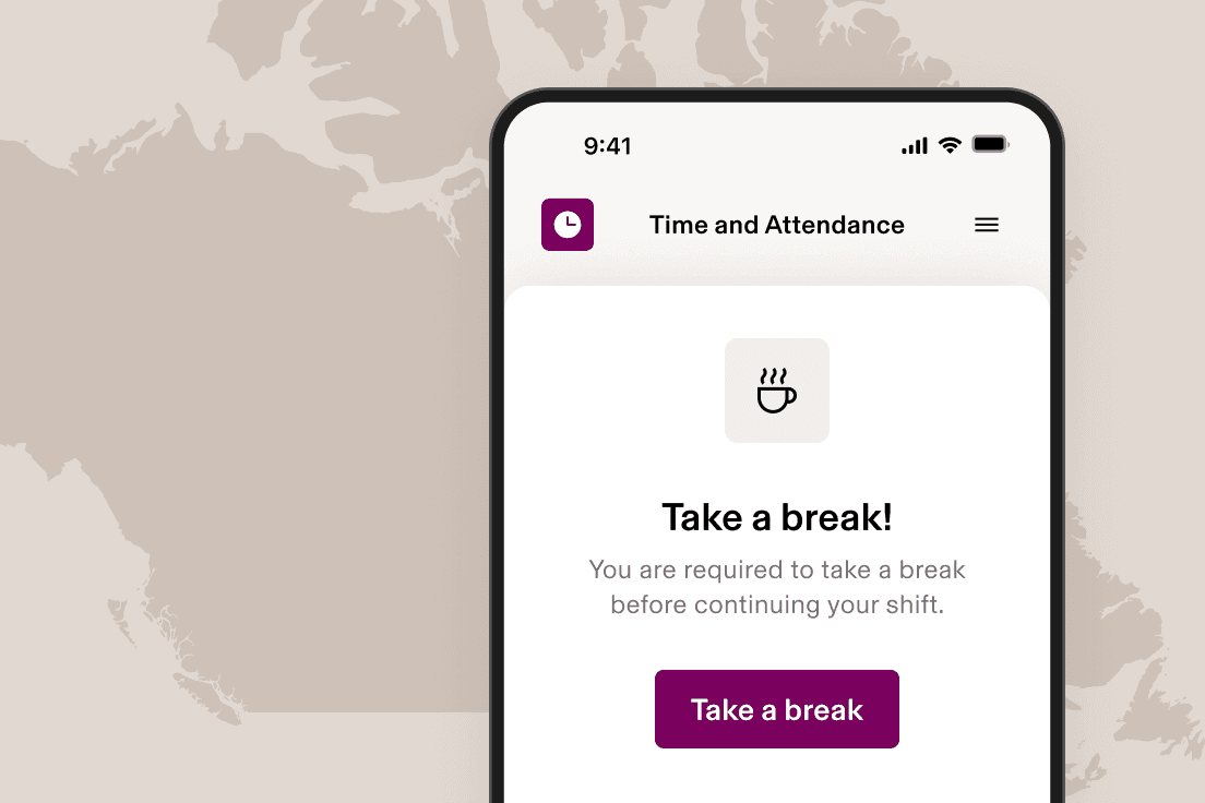 Un téléphone intelligent montre une application Temps et présente avec une invite « Faites une pause! » citant une loi provinciale, avec un bouton mauve.