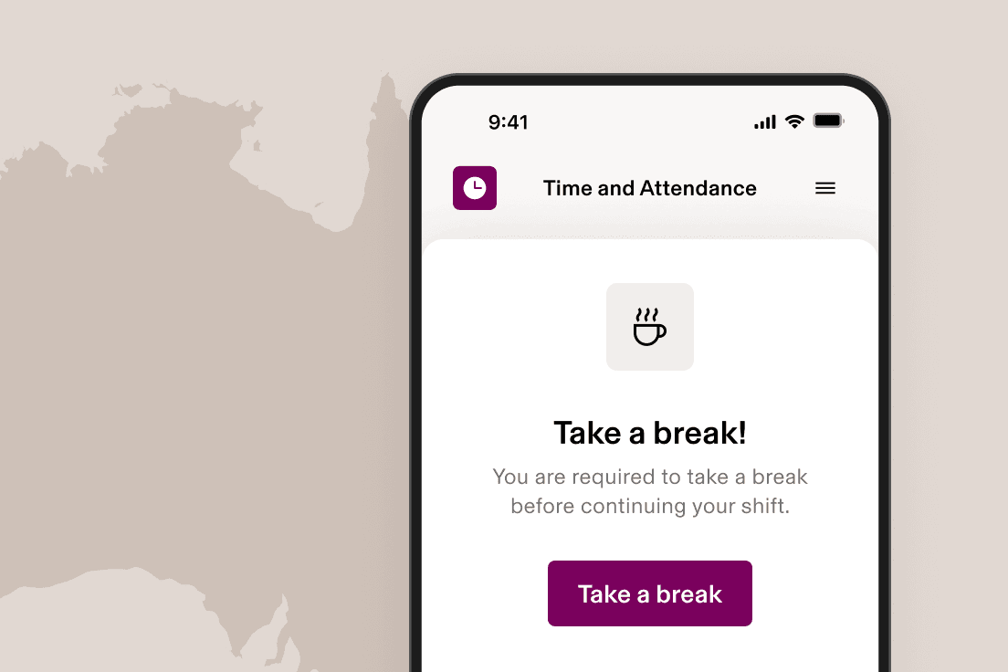 A smartphone displays a Time and Attendance app with a “Take a break!” prompt citing US state law, featuring a purple button.