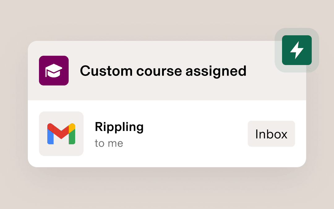 Mobile notification showing “Custom course assigned” with graduation cap icon, and Gmail notification for “Rippling to me” in inbox.