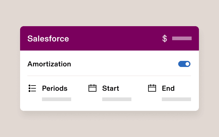 Salesforce amortization interface with toggle switch enabled and fields for periods, start date, and end date.