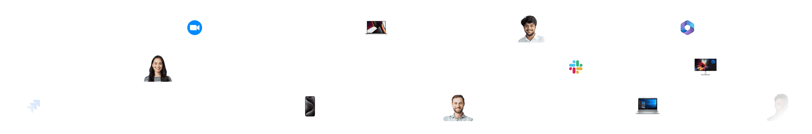 Various profile pictures and tech icons arranged in a scattered pattern on a white background, representing a digital network.