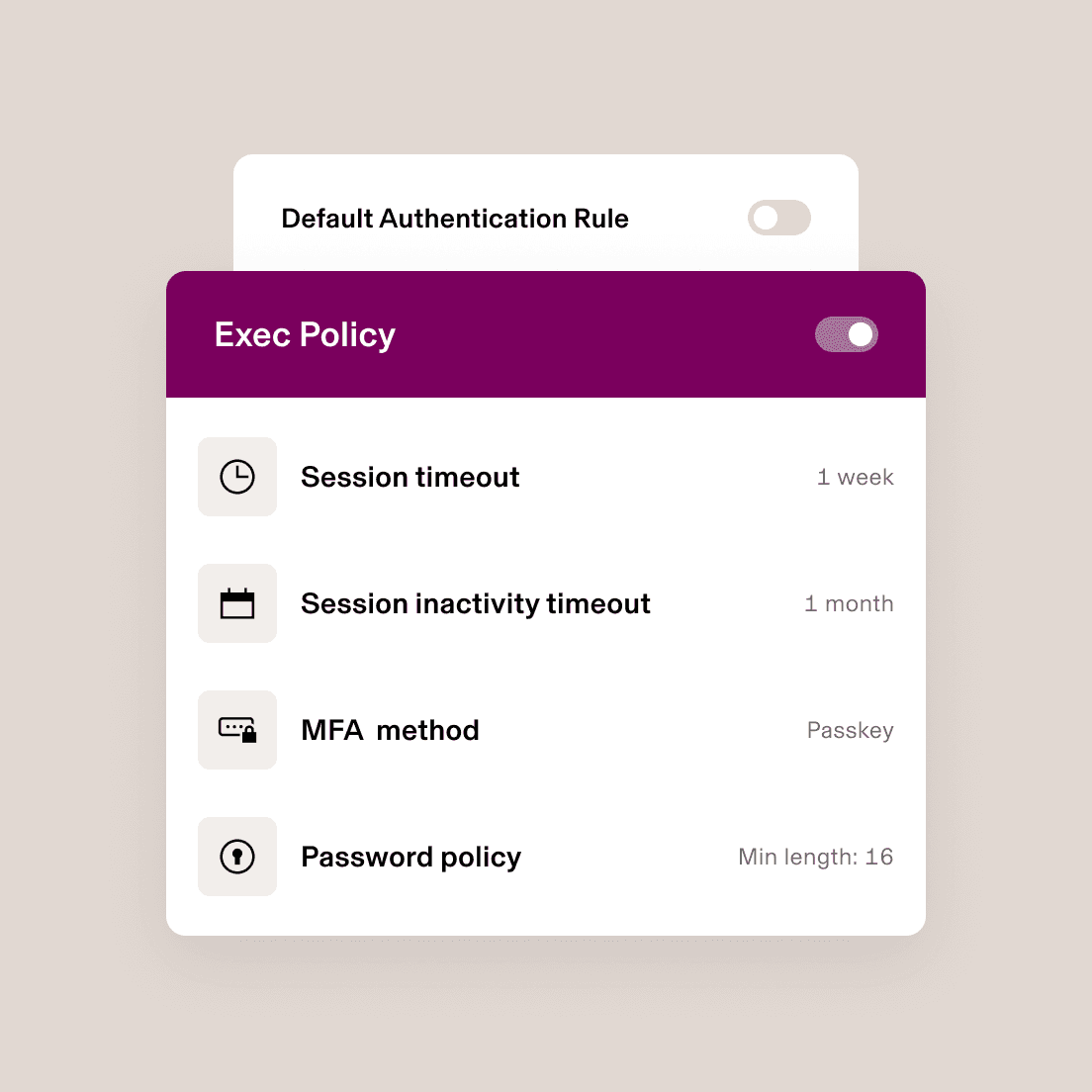 Authentication settings interface showing Exec Policy enabled with session timeouts, MFA method and password requirements.