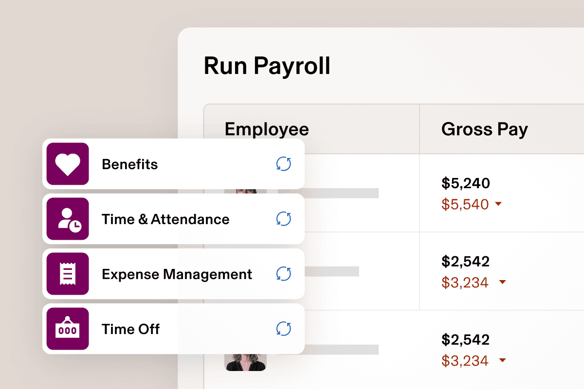 Example of a screen titled “Run payroll” in Rippling with options including Benefits, Time & Attendance, Expense Management and Time Off